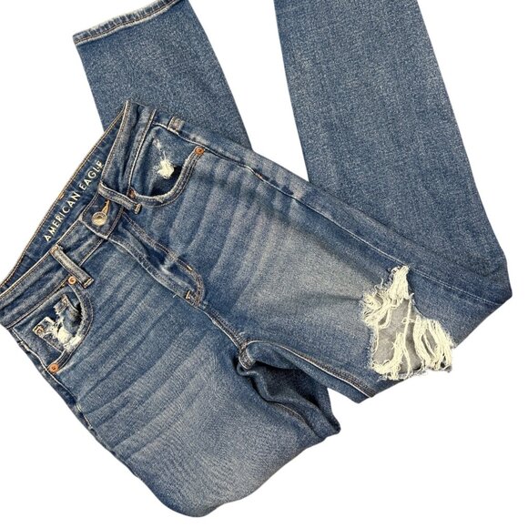 AE Stretch Mom Straight Jean Medium Distressed Wash Size 00 - Picture 3 of 9